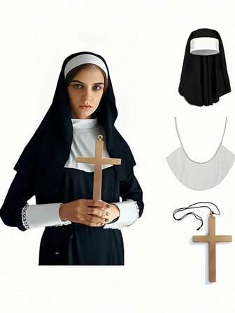1 Set Nun Costume Accessories - White Collared Hat, Gold Cross Necklace