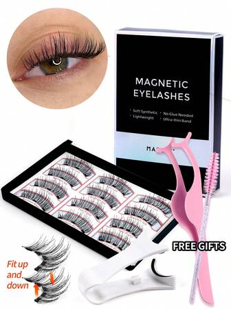 MAGEFY 3 Pairs 3D Magnetic Eyelashes Set With Applicator,Tweezers And Eyebrow Brush, ,Nonallergenic, Reusable, Easy To Apply, And Waterproof - Perfect For Festive Looks, CC Curl Magnetic Reusable False Eyelashes Brown Natural Long Fluffy Faux Mink Hair Easy To Apply With Guidance For Travel, School, Parties