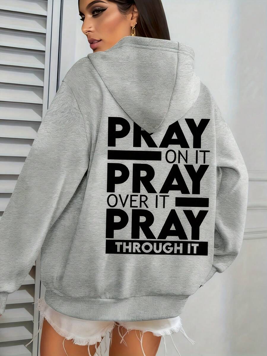 Women's PRAY Print Hoodie With Prayer Back Print & Kangaroo Pocket - Oversized Faith Sweatshirt, Long Sleeve Casual Pullover For Church Events, Spring/Autumn Wear (Grey, Inspirational Verse Design)Christmas Outfit Women,Athleisure Fleece Hoodie - Loose Fit Daily Casual Sweatshirt - 灰色 - 查看 1