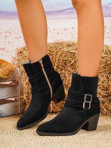 女士秋冬新款拉链麂皮皮带扣时尚踝靴，时尚百搭舒适粗跟踝靴 - 黑色 - 查看 1