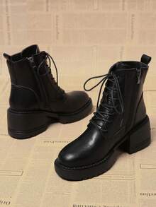 2025 Spring/Autumn Women's Boots, Super Street Style, Sweet & Cool British Style Short Boots, Slim High Heel, Winter Shoes,Chunky Heels - Black - View 3