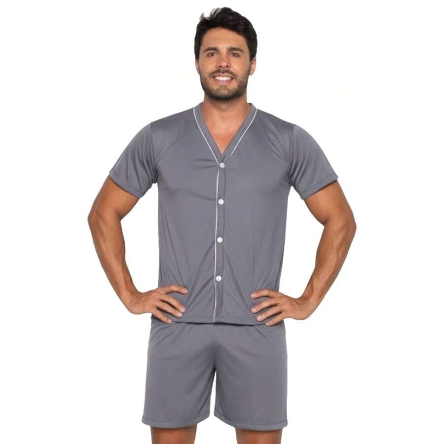Men's American Pajamas / Button-Down Pajamas - Grey - View 1