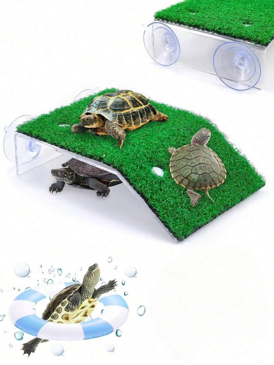 1pc Turtle Resting Platform With Artificial Grass Lawn - Turtle Ramp, Climbing Ladder, Reptile Resting Platform, Suitable For Tortoises, Frogs, Turtles/Fish Tank Supplies, Aquarium Accessories, Turtle Supplies, Reptile Supplies, Reptile Tank Accessories, Medium Turtle Tank Accessories