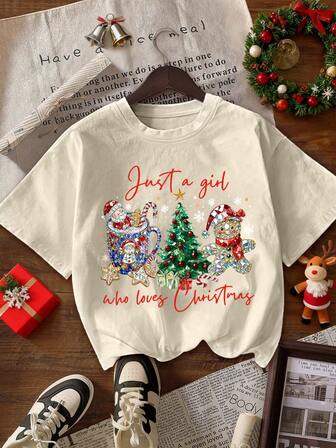 Camiseta de mujer de manga corta y cuello redondo con gráfico de hombre de jengibre navideño