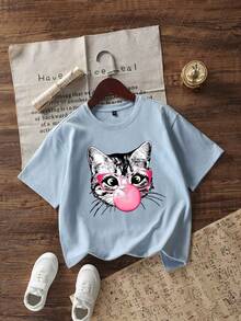Tween Girl Casual Graphic Print Crew Neck Short Sleeve T-Shirt, Summer Top - Baby Blue - View 3