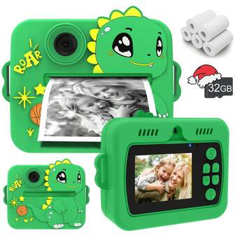 Kids Camera Instant Print, 1080P 2.4-Inch Digital Instant Camera With 32GB Card And 5 Rolls Of Printing Paper, Children's Selfie Toy, Multifunctional Instant Printing Camera, Can Record Happy Moments At Any Time, With Cute Protective Silicone Case, Suitable For Gifts For Girls And Boys Aged 3-12, Christmas, New Year Gifts