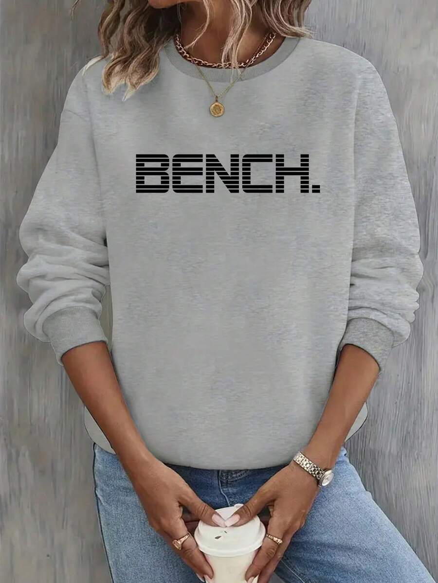 Women's Y2K Style Burgundy Sweater With Bold White 'Bench' Letter Print - Long Sleeve Crew Neck Pullover Sweater With White Cuffs And Hem, Suitable For All Seasons Casual And Semi-Formal Wear, Layerable (Machine Washable) - Minimalist Aesthetic, Y2K Fashion Letter Print Sweater, Fashionable And Comfortable, Suitable For Layering Or Wearing Alone, Elegant Modern Design With 'Bench' Letter, High-Quality Women's Winter Sweater, Oversized Sweater, Women's Winter Sweatshirt, American Women's Sweater, Embroidered Sweatshirt 2025 - 灰色 - 查看 1