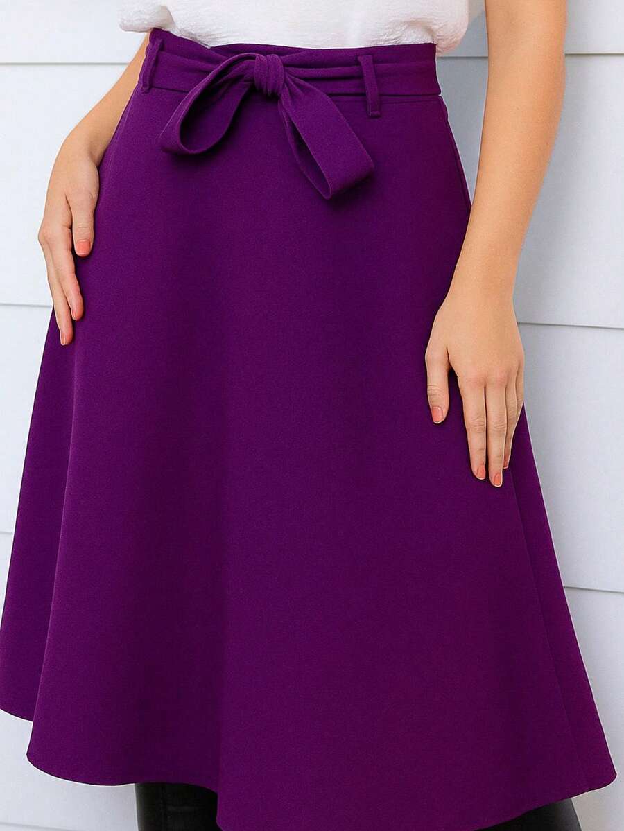 Tailored Midi A-Line Skirt With Belt - Purple - View 1
