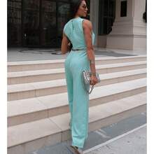 Women's Tailored Long Jumpsuit With Side Slit - Blue - View 5