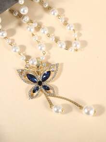 1 chiếc vòng cổ dài hình chữ Y thanh lịch, đính đá giả ngọc trai hợp kim kẽm hình bướm, phù hợp để đeo hàng ngày cho phụ nữ - Nhiều màu - Xem 3