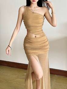 女士炫彩不对称领吊带背心和高腰透视系带半身裙套装 - 金色 - 查看 4