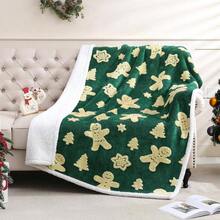 Gingerbread Holiday Jacquard Sherpa Fleece Throw Blanket, Fuzzy Warm Soft Reversible Plush Blanket Bed, Sofa And Couch, 50x 60 Inches, Green - 50"*60" + Green Gingerbread - View 2