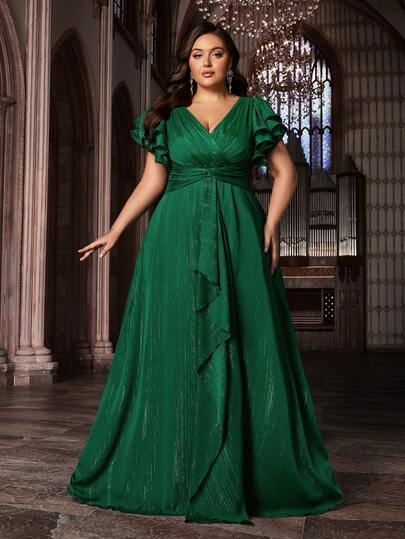 QOQ Dignified Plus Size Women Solid Color Bridesmaid Dress Elegant V Neck Flounce Sleeve Woven Maxi Gown With Zipper Closure