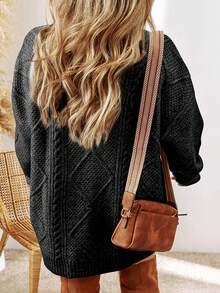 Acelitt 大码女式纯色针织纹理图案露肩大码毛衣连衣裙，秋冬季（建议选择小一码以获得更合身的效果） - 黑色 - 查看 2