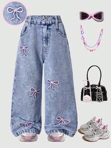 Young Girl Bow Embroidered Pocket Wide Leg Loose Jeans - Blue - View 1