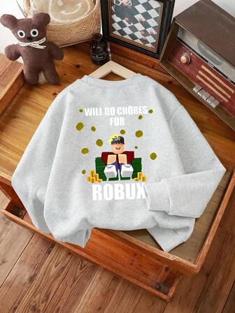 1 Pojk långärmad rundhalsad tröja med kul för nybörjare och professionella spelare att göra hushållssysslor för Robux Roligt texttryckmönster, ger bekväma, moderiktiga och avslappnade höst- och vinterstilar för unga pojkar/tonårspojkar/tonårspojkar