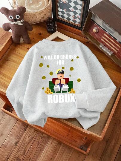 1 男童长袖圆领套头衫，印有趣味文字图案，适合初学者和专业玩家做家务赚取 Robux，提供舒适、时尚、休闲的秋冬款式，适合年轻男孩/青少年男孩/少年男孩。