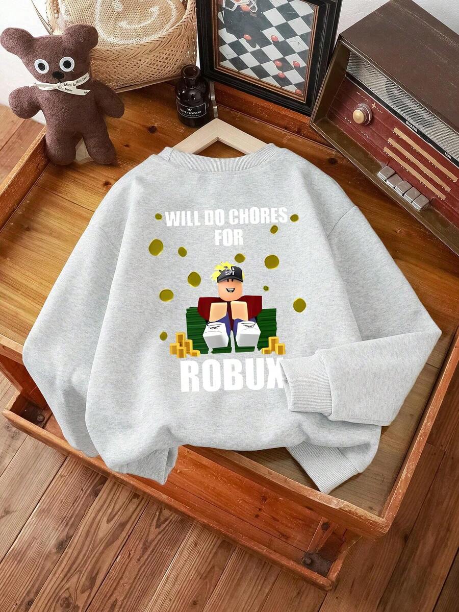 1 男童长袖圆领套头衫，印有趣味文字图案，适合初学者和专业玩家做家务赚取 Robux，提供舒适、时尚、休闲的秋冬款式，适合年轻男孩/青少年男孩/少年男孩。 - 淺灰色 - 查看 1
