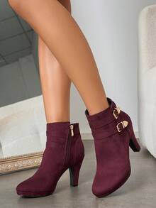 Botas de tobillo de ante versátiles para mujer, tacón grueso de tacón alto, adecuadas para ir al trabajo, fiestas, citas, otoño/invierno, tacones de plataforma - Burdeos - Ver 3