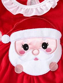 Baby Girl Christmas Style Bodysuit 2-Piece Set, Adorable Santa Claus Pattern Red Dress With White Ruffle Collar, Matching Bow Hair Accessory, Festive Design Suitable For Everyday Wear - Red - View 5