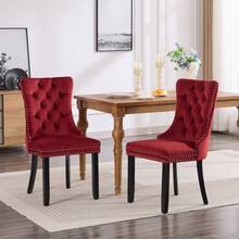 4 Piece Set Velvet Upholstered Dining Chairs, Wingback Side Chairs Button Tufted With Solid Wood Legs For Kitchen,Dining Room. - 酒紅色 - 查看 5