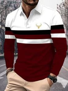 Men's 3D Full-Body Digital Print Long Sleeve Button-Up Polo Shirt, Bull Pattern - Multicolor - View 1