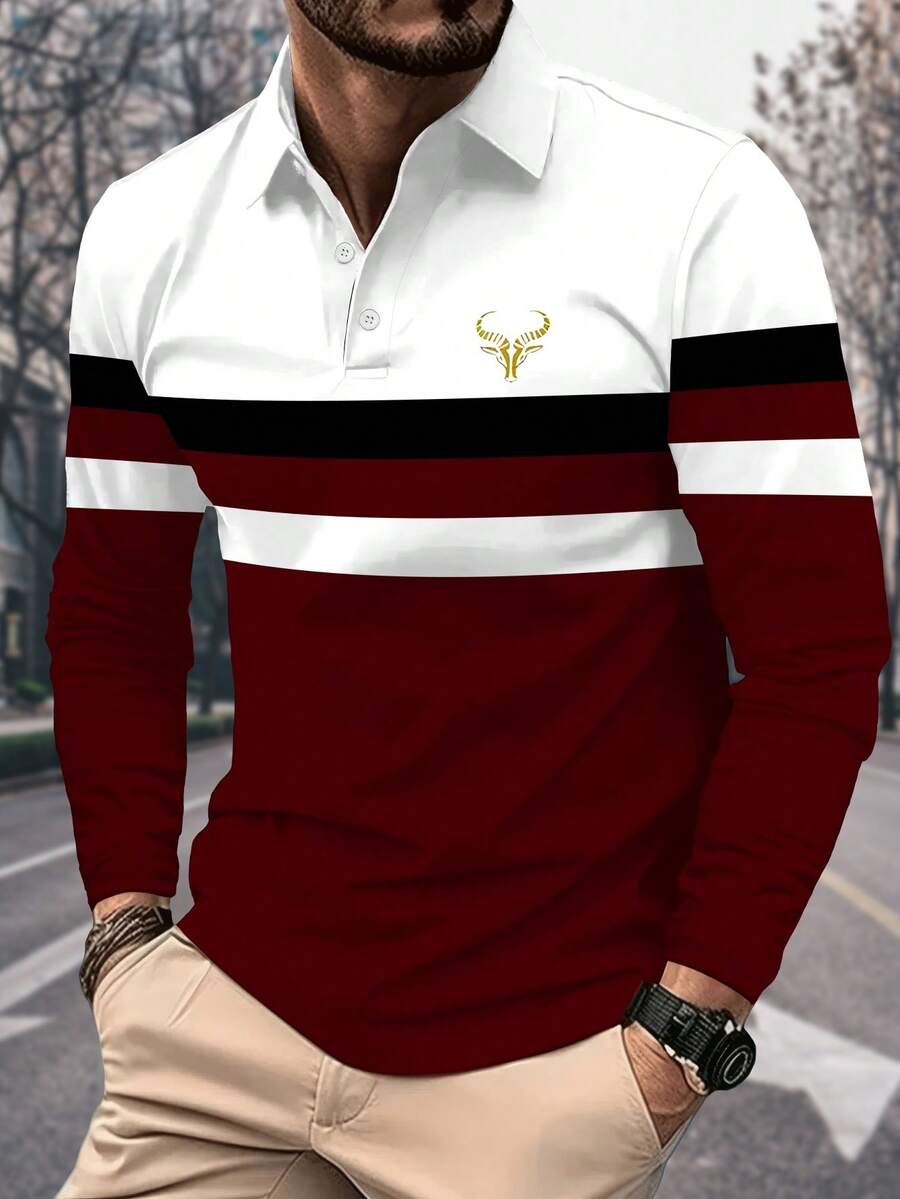 Men's 3D Full-Body Digital Print Long Sleeve Button-Up Polo Shirt, Bull Pattern - Multicolor - View 1