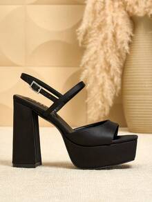 SVRM Women's Thick Heel Square Toe Platform Black Satin Texture Gold Decor Rhinestone Ankle Strap Dress Sandals, Sexy Office Heels - Black - View 4