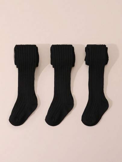 3 Pairs Girls' Solid Color Leggings, Vertical Striped Tights, Simple Versatile Children's Pantyhose, Elastic & Comfortable, All Season