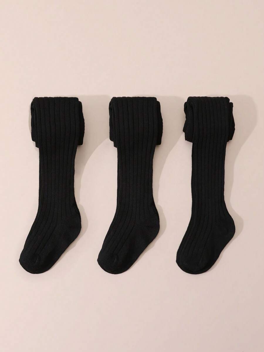 3条装女童纯色打底裤,竖条纹紧身裤,简约百搭儿童连裤袜,弹性舒适,四季皆宜 - 黑色 - 查看 1