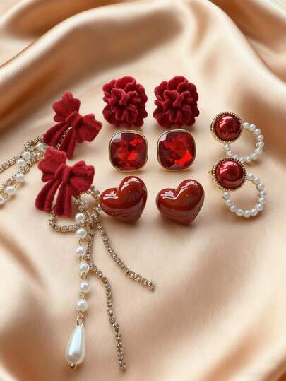 4-5对套装 简约别致新年红色方形水晶流苏植绒蝴蝶结花朵耳环，时尚仿珍珠几何复古耳环套装，适合女性圣诞节、情人节、日常佩戴