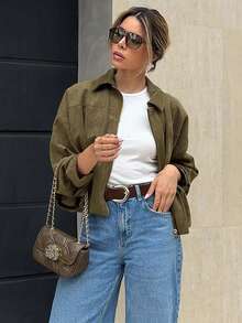 Women's Fashion Jacket, Christmas, Loose Suede Bomber Jacket With Pockets, Suitable For Autumn/Winter, Thanksgiving Attire - Olive Green - View 9