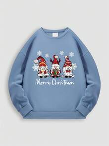 Damen Blaues Sweatshirt im Lässig-Stil mit Weihnachtsgnomen-Motiv, Fleece-gefüttert, Baumwollmischung, Oversized-Design, Herbst/Winter-Stil, schweres Material für hervorragende Wärme, Fleece-gefüttert, locker geschnitten, vielseitiges Lässig-Design, ideal für kaltes Wetter, Damen Langarm-Oberteil - Jeansblau - Übersicht 2