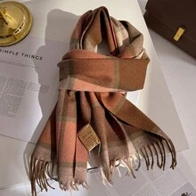100% Wool Plaid Scarf, Versatile British Style Colorblock Warm Shawl Wrap, Winter - Khaki Orange - View 6