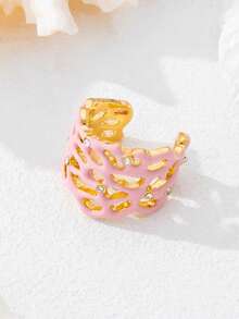 1pc Fashionable Versatile Metal Inlaid Glass Rhinestone Hollow Colored Coral Ring, Suitable For Women's Party Wear - Single Ring - View 6