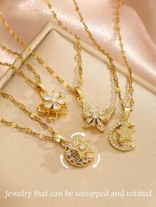 1pc Luxury Copper Cubic Zirconia Star, Moon, Pentagram, Clover, Rabbit Rotating Pendant Necklace, Stainless Steel Gold Color Chain, Suitable For Women And Girls Daily Wear, Fashion Minimalist, Casual Retro, Unique Gift For Girlfriend, Mom, Family, Friend, Daughter, Ideal For Anniversary, Valentine's Day, Mother's Day, Birthday, Graduation, Daily Wear, Wedding, Prom - Multicolor - View 4
