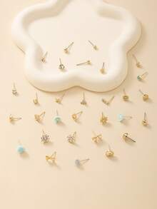 30pcs/Set Assorted Heart, Flower, Bow Stud Earrings, Metal Rhinestone Casual Everyday Jewelry Gift Set - Multicolor - View 2