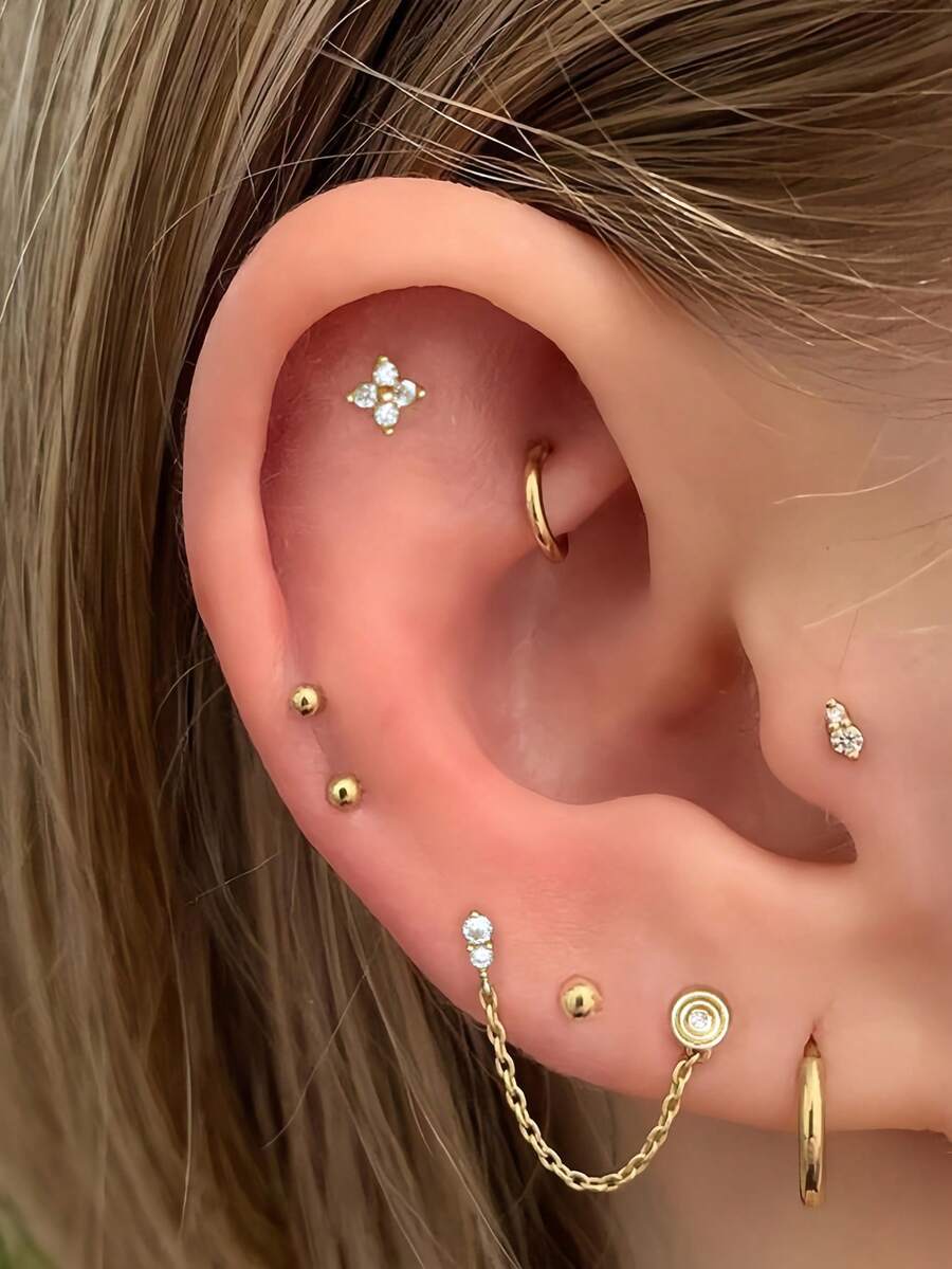 Bộ 8 khuyên tai xích hình cỏ bốn lá đính đá Cubic Zirconia tinh xảo, thích hợp cho trang phục hàng ngày, hẹn hò, dự tiệc và phối đồ nhiều lớp của phụ nữ - Vàng - Xem 1