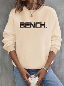 Women's Y2K Style Burgundy Sweater With Bold White 'Bench' Letter Print - Long Sleeve Crew Neck Pullover Sweater With White Cuffs And Hem, Suitable For All Seasons Casual And Semi-Formal Wear, Layerable (Machine Washable) - Minimalist Aesthetic, Y2K Fashion Letter Print Sweater, Fashionable And Comfortable, Suitable For Layering Or Wearing Alone, Elegant Modern Design With 'Bench' Letter, High-Quality Women's Winter Sweater, Oversized Sweater, Women's Winter Sweatshirt, American Women's Sweater, Embroidered Sweatshirt 2025 - 杏色 - 查看 12