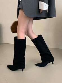 2025秋冬季女士仿麂皮卡其色牛仔靴，细跟，时尚宽筒高筒靴，猫跟 - 黑色 - 查看 3