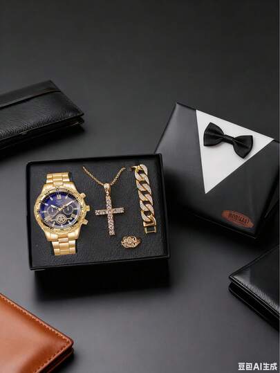 Exquisite Fashion Heavy-Duty Design Sensitive Diamond Advanced Minority Necklaces, Bracelets, Rings Men's Quartz Watch Watch Jewelry Gift Box Set Gift Box Suitable Birthday Gifts, Year-End Big Promotion 4pcs/Set