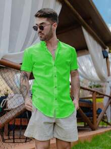 Men's Short-Sleeve Shirt With Mandarin Collar And Linen-Look - Assorted Colors - Comfortable - Lime Green - View 5