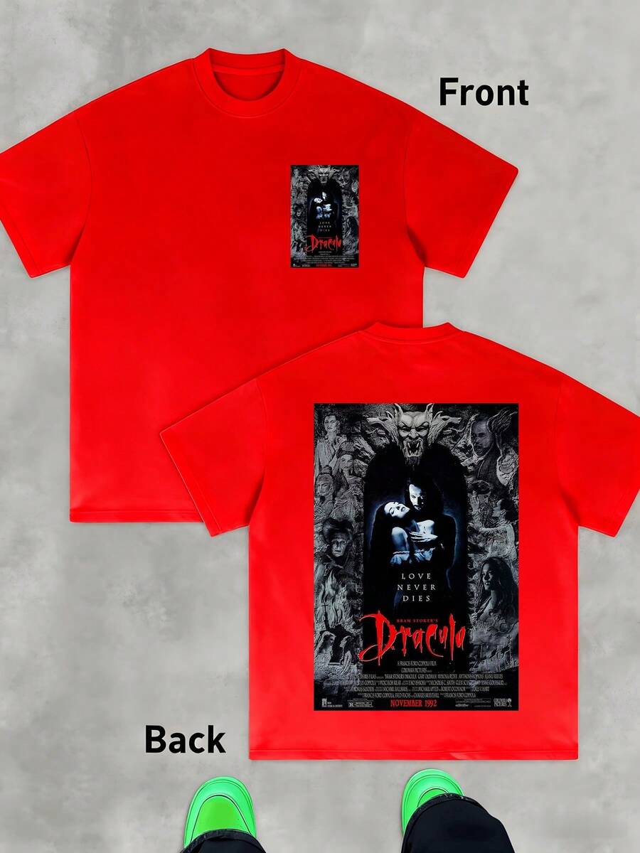 A Somber Figure Surrounded By Creatures Carved In Stone Evokes The Struggle Between Eternal Love And Darkness, Displaying Intensity And Mystery In Every Detail. Men's T-Shirt, Double-Sided, 100% Cotton, 220g - 紅色 - 查看 1