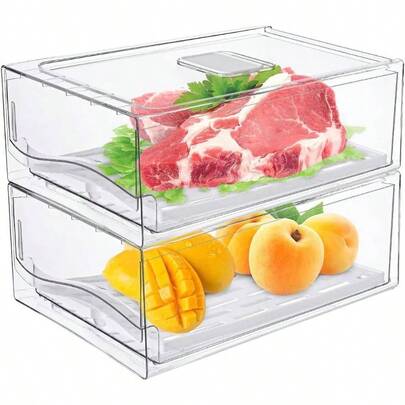2 Pack Fridge Organizer, Pull Out Stackable Fridge Organiser With LidsDraining Tray And Drawer, Storage Containers With Ventilation System Kitchen Organization 2 Pack Large Size