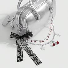 1pc Elegant & Charming Handmade Beaded Pink Crystal Chain Star Lace Bow DIY Keychain/Bag Charm, Suitable For Women/Girls Daily Wear, Holiday Gift - Multicolor - View 9