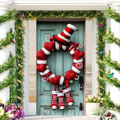 2D门旗，1件装，节日红色帽子和心形流苏门饰 - 涤纶材质，无需电源，非常适合情人节和节日庆祝活动，入口装饰 | 节日门饰 | 涤纶门饰