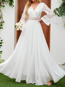 女士蕾丝婚纱，长袖高领露背长款礼服，优雅晚礼服，情人节 - 白色 - 查看 3