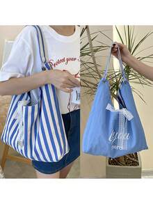 1 pieza Bolso de hombro de gran capacidad con rayas rojas, bolso de lona de moda cruzado, bolso de mano de tela casual versátil para Navidad, Año Nuevo, Día de San Valentín, compras diarias, viajes, bolsa de aseo de viaje, bolsa de maquillaje, decoración de la habitación de maquillaje, bolsa de maquillaje, artículo esencial de viaje - Multicolor - Ver 10