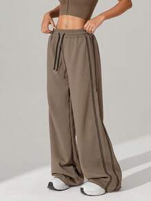 1件装女士华夫格针织宽松直筒抽绳腰撞色简约健身运动裤，春夏款 - 卡其色 - 查看 6