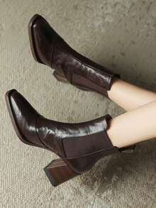 2024 Early Autumn New Square Toe Chunky Heel Fashionable High Heels Ankle Boots For Women, Autumn/Winter - Brown - View 5